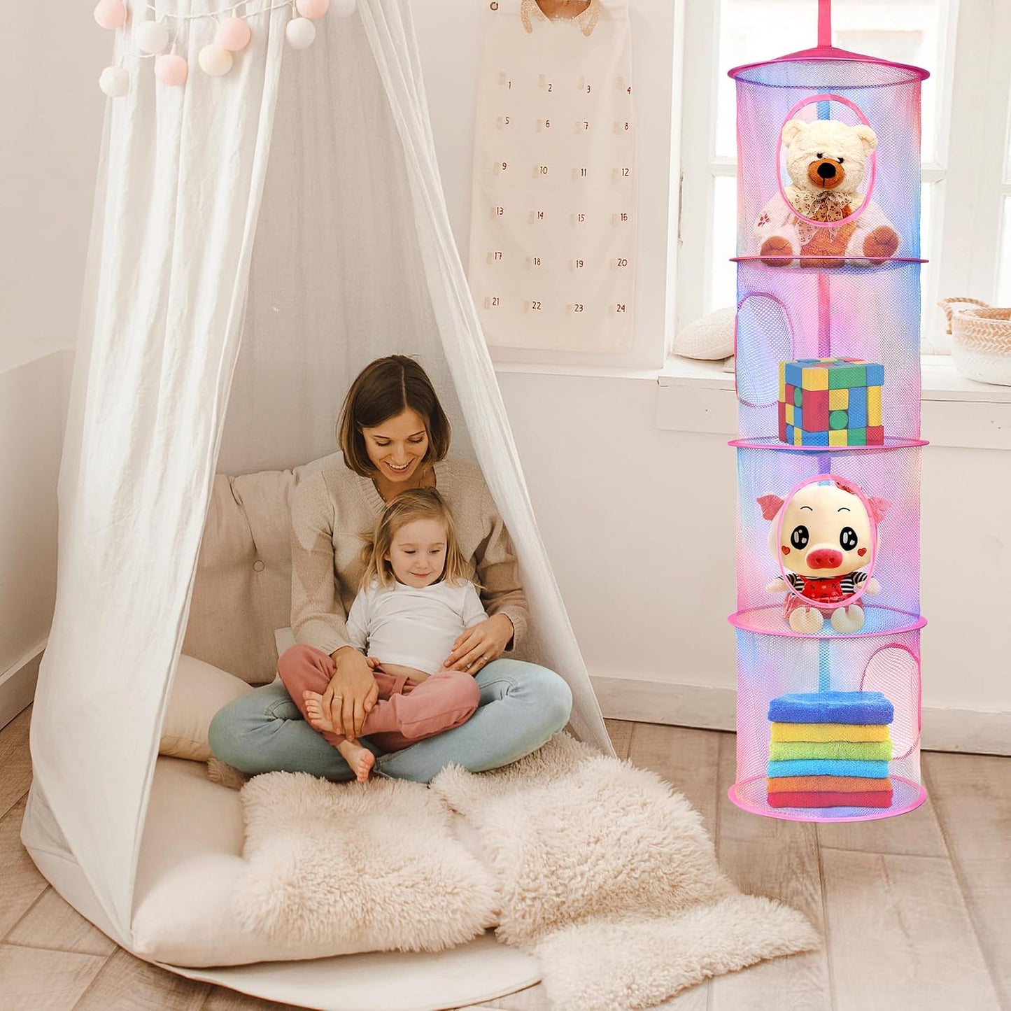 Libeder 2Pcs Mesh Hanging Storage Organizer, 4 Compartments, Foldable, Portable, Casual Style, Hanging Organizer for Kids Room, Pink (Rainbow Tie Dye)
