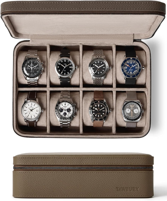 TAWBURY Watch Case - 8 Slot Genuine Top-Grain Leather Watch Box for Men & Women with Extra Wide Pillows for Large Watches - Portable Wristwatch Storage for Home & Travel (Taupe)