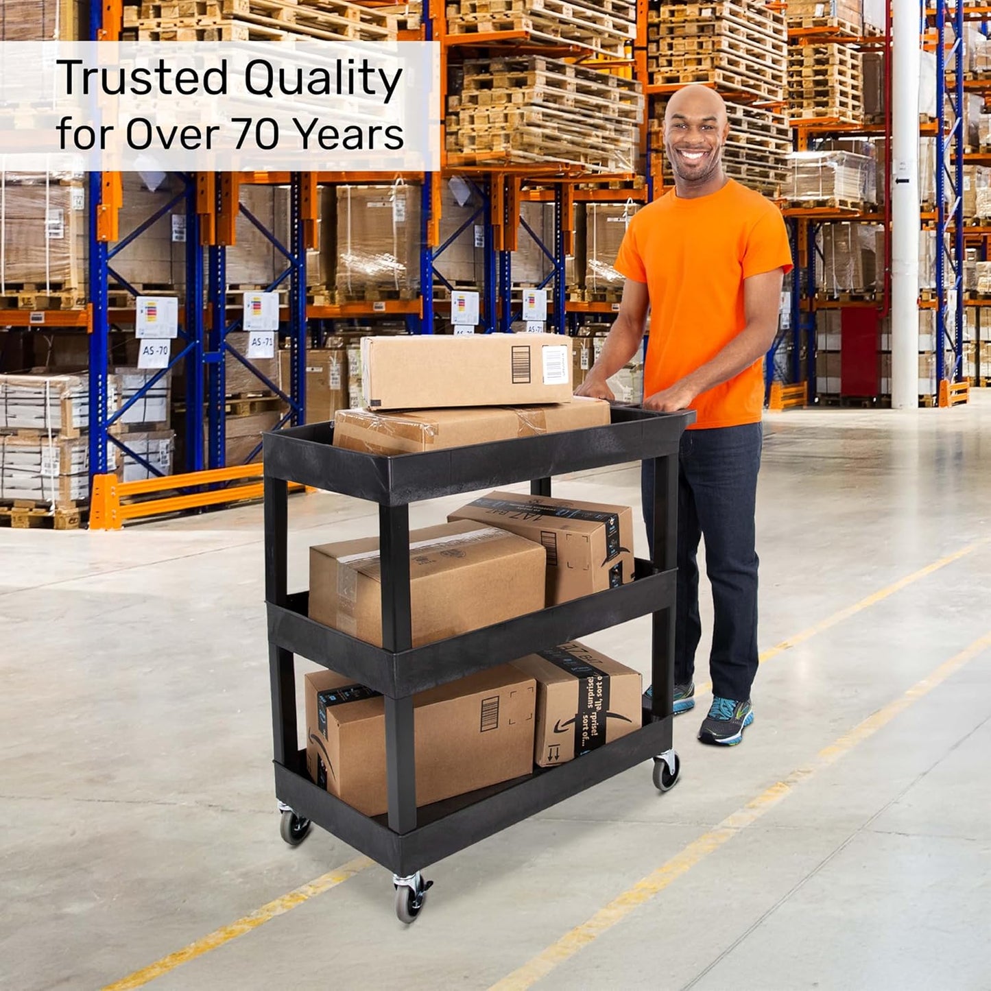 Tubstr 3-Tier Rolling Utility Cart 2-Pack | Each Supports up to 300 lbs. Heavy-Duty Shelf Cart for Garage Storage, Office Spaces, & Kitchen Use | Durable Tool Cart with Locking Wheels (Black, 32 x 18)