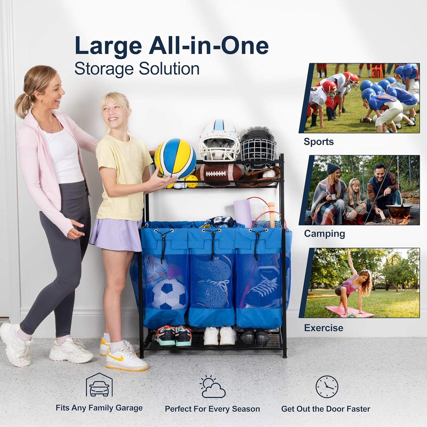 KASSELL Garage Sports Organizer Storage rack for sports equipment Ball, Heavy Duty Toy and Gear Storage Organizer with Grab and go bags (Black)
