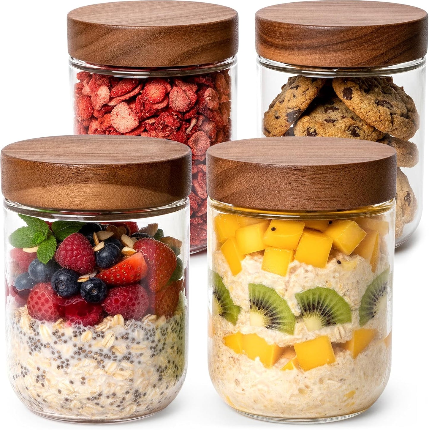 Overnight Oats Containers with Lids Acacia (4 x 16oz) Glass Jars for Oatmeal, Meal Prep, Food Storage | Leak-Proof Mason Jars for Oats, Cereal, Yogurt, Chia Pudding [Thicker Glass 3mm]