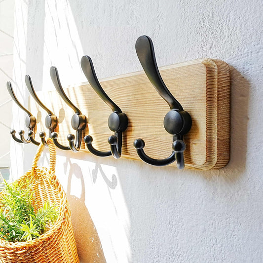 Dseap Coat Rack Wall Mount - Heavy-Duty Robust Rustic Wooden Wall Coat Hanger Hook Rail with 5 Triple Hooks for Winter Jacket & Hat Clothing, Light Brown & Black