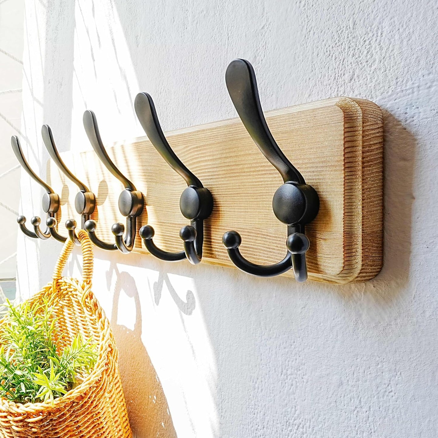 Dseap Coat Rack Wall Mount - Heavy-Duty Robust Rustic Wooden Wall Coat Hanger Hook Rail with 5 Triple Hooks for Winter Coats Hat Jacket Clothing, Light Brown & Black, Pack of 2
