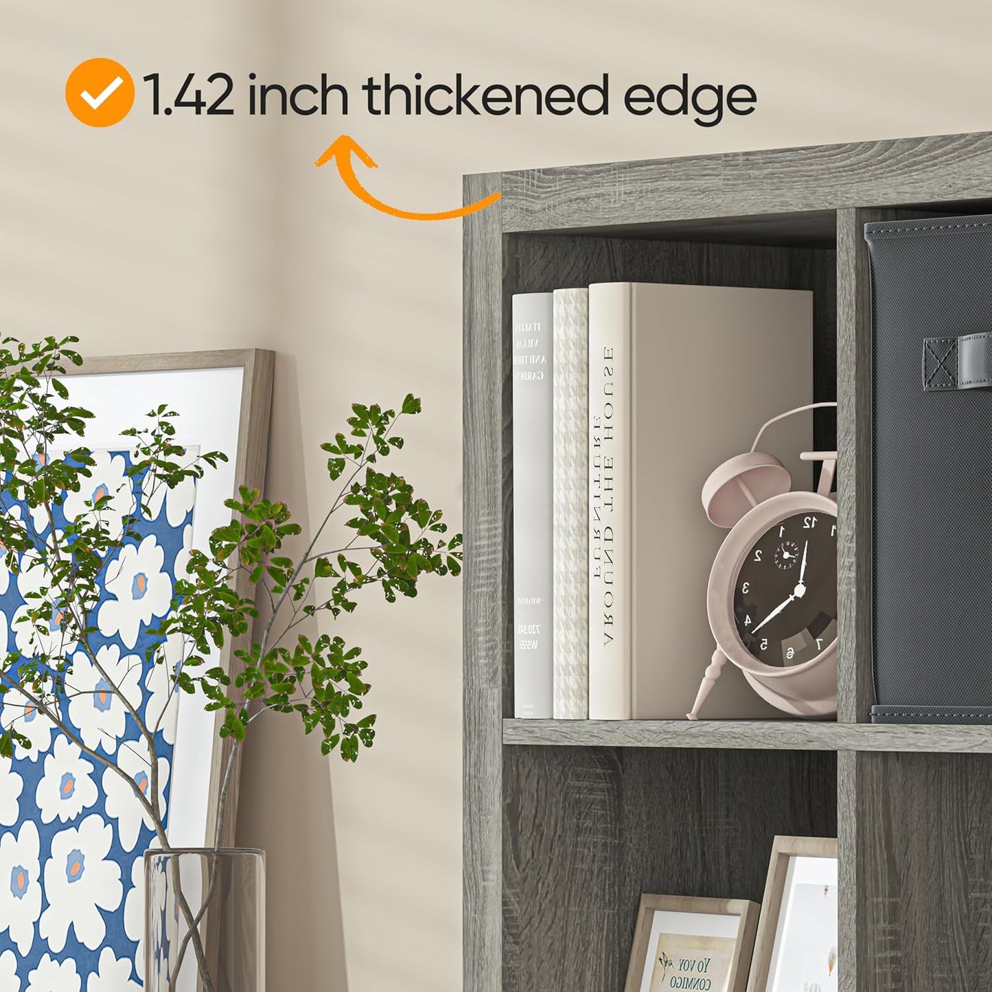 Bookshelf with Storage Bins, 8-Cube Storage Organizer, Modern Wood Open Bookcase, Multifunctional Display Shelf for Living Room, Bedroom, Home Office, Gray Oak