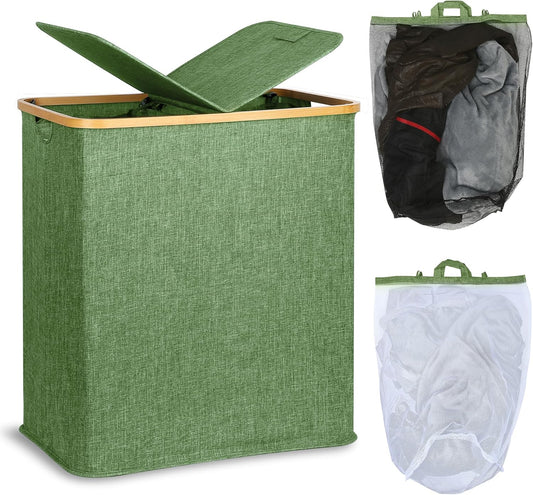 efluky Laundry Hamper with Lid, Double Laundry Hamper with 2 Removable Bags, 2 Section Laundry Basket with Bamboo Handles for Bathroom, Bedroom & Laundry Room,140L Green