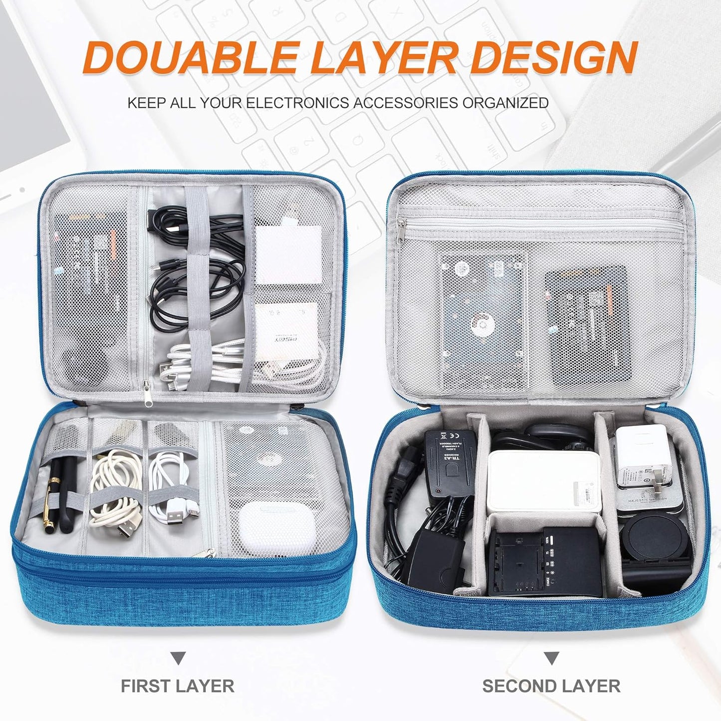 SELLYFELLY Electronic Bag Travel Cable Accessories Bag Waterproof Double Layer Electronics Organizer Portable Storage Case for Cable, Cord, Charger, Phone, Adapter, Power Bank, Kindle, Hard Drives