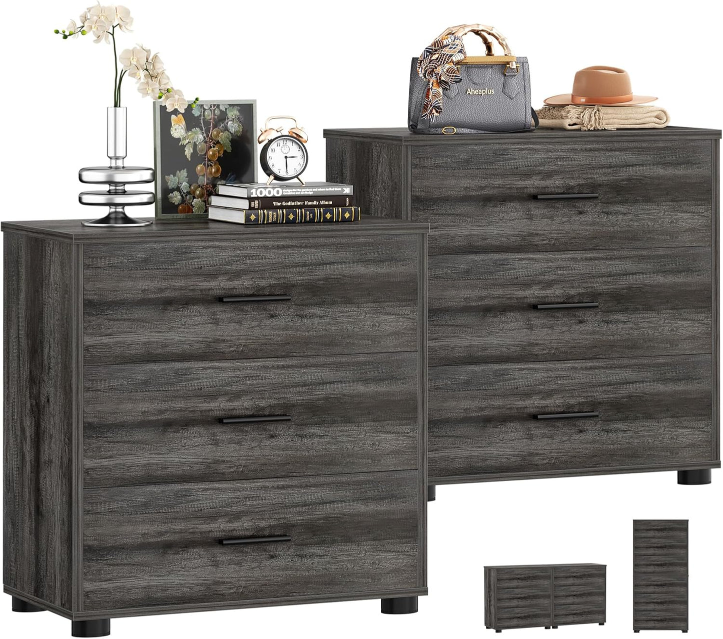 Aheaplus Closet Drawers Set of 2, Wood Closet Organizers and Storage with 3 Drawers, Closet Drawers Organizer System, Nightstands Bedside End Table with 3 Drawers Storage for Bedroom, Black Oak