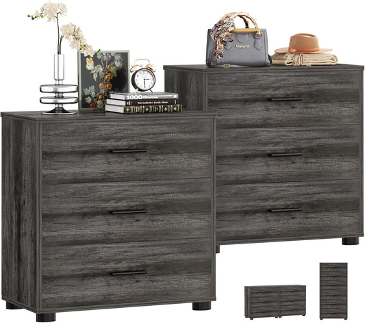 Aheaplus Closet Drawers Set of 2, Wood Closet Organizers and Storage with 3 Drawers, Closet Drawers Organizer System, Nightstands Bedside End Table with 3 Drawers Storage for Bedroom, Black Oak