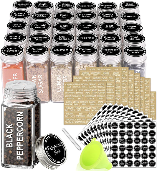 SWOMMOLY 30 Glass Spice Jars 4oz/Square Spice Bottles with 703 Spice Labels, Empty Spice Containers with Pour/sift Shaker Lid, Airtight Cap, Chalk Marker and Funnel Complete Set