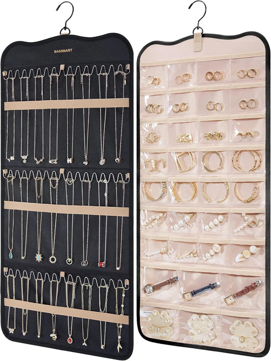 BAGSMART Hanging Jewelry Organizer Storage with Hanger Metal Hooks Double-Sided Jewelry Holder for Earrings, Necklaces, Rings on Closet, Wall, Door, 1 piece Large Black