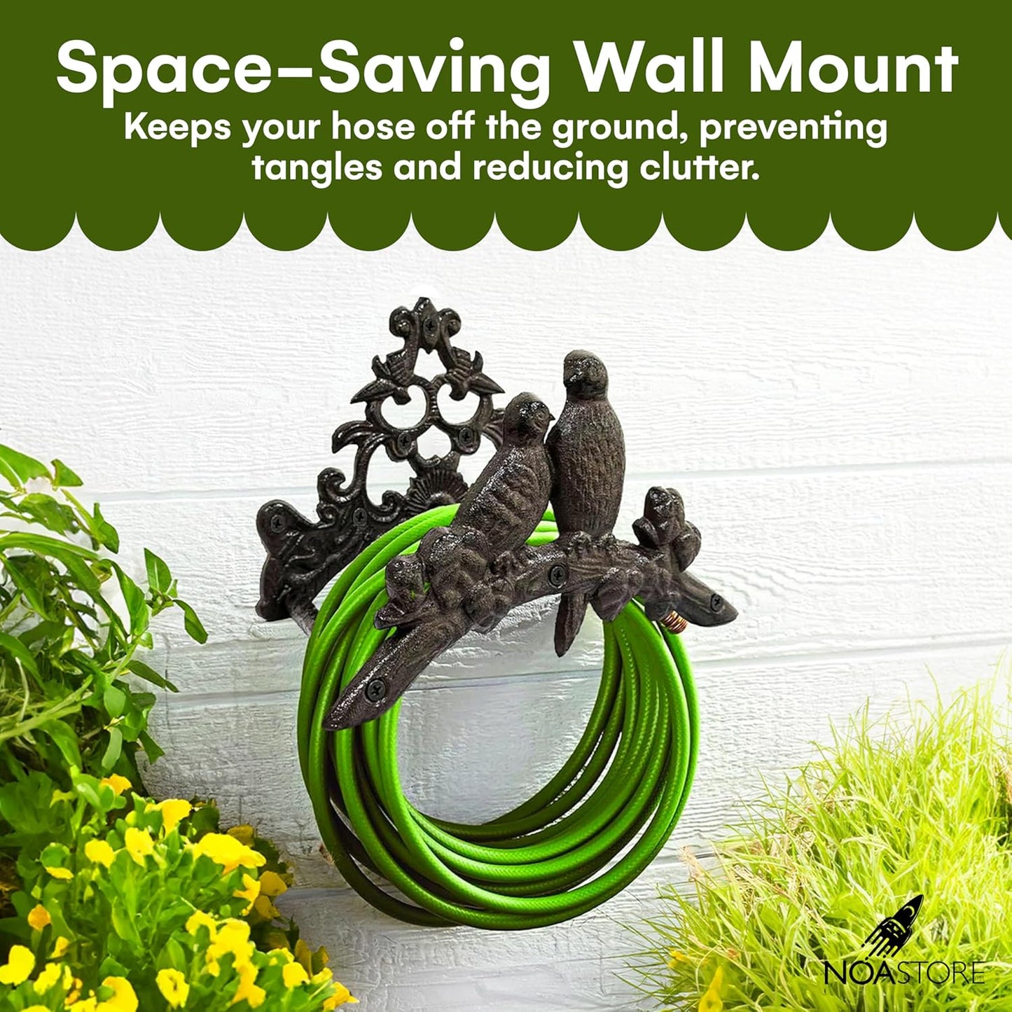 Noa Store Garden Hose Holder - Decorative Wrought Iron Wall-Mounted Hose Organizer - Heavy-Duty Wall Mount Water Hose Holder - Hook Rack for Water Hose - Outdoor Hose Holder - H8xL10xW5.7 inches