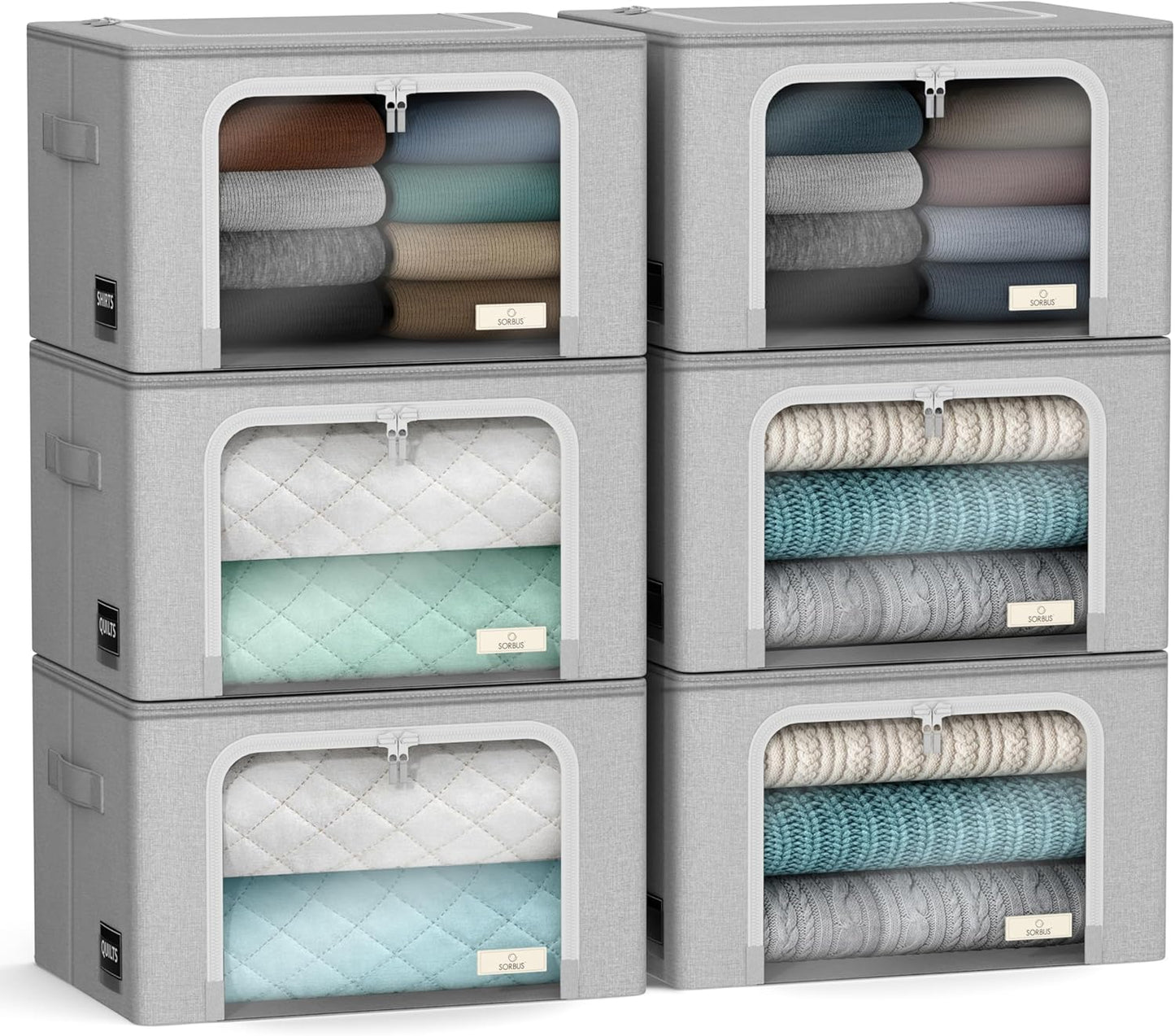 Sorbus Storage Bins with Metal Frame - Stackable & Foldable Clothes Organizer Bags - Oxford Fabric Storage Containers with Large Clear Window & Carry Handles Organization for Bedding Linen & Clothing