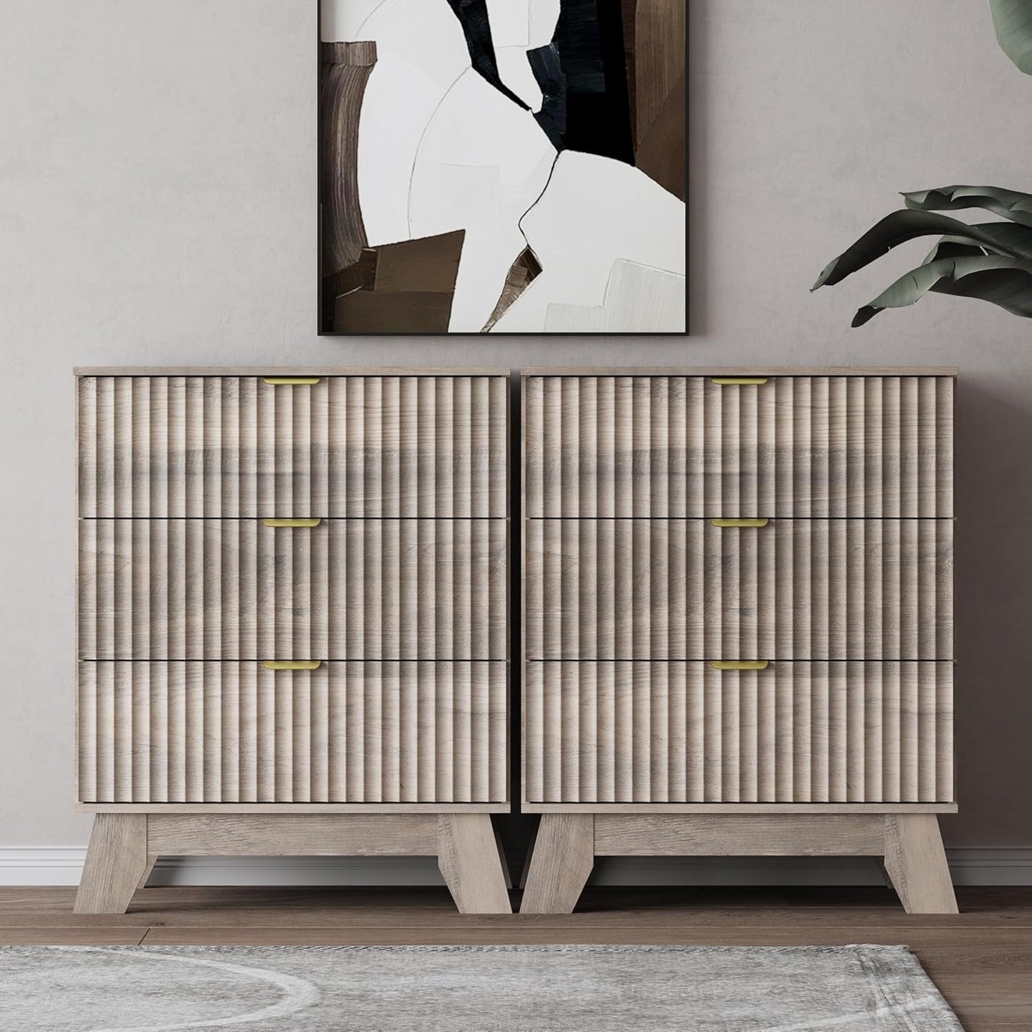 Night Stand Set 2, Bedside Table & End Table, Mid Century Modern Fluted Wood Nightstand with 3 Drawers & Metal Handles, Farmhouse Nightstand for Bedroom, Grey