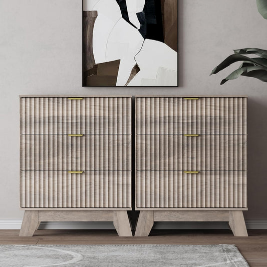 Night Stand Set 2, Bedside Table & End Table, Mid Century Modern Fluted Wood Nightstand with 3 Drawers & Metal Handles, Farmhouse Nightstand for Bedroom, Grey