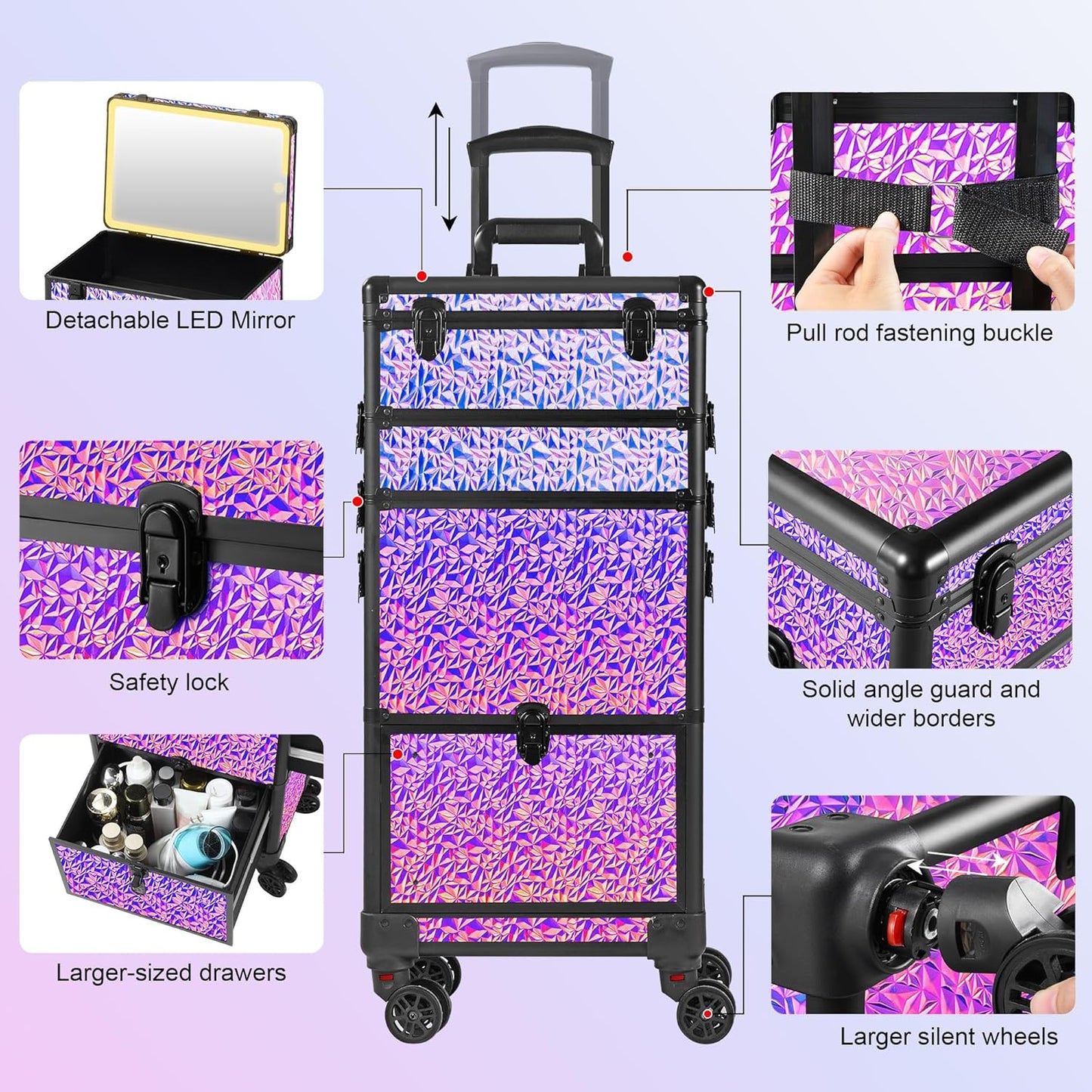 Rolling Makeup Case with Lighted Mirror, Makeup Train Case with Large Drawer, Cosmetology Case, Travel Makeup Organizers, Professional for Salon Barber, Nail, Tattoo, Multicolor Purple
