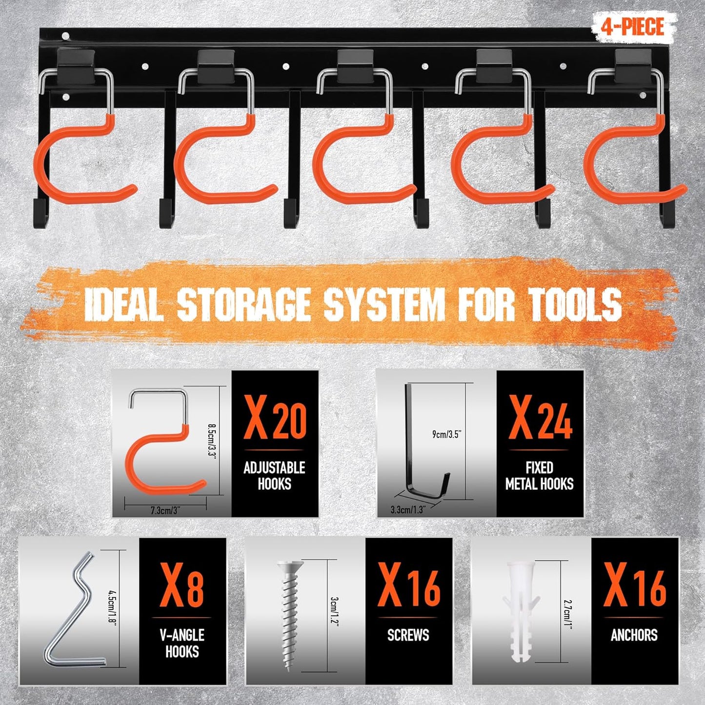 ELEAD 68'' All Metal Adjustable Garden Tool Organizer: Garage Tool Organizer Wall Mount with Orange Hooks, Garage Organizers and Storage, Tool Hangers for Shed