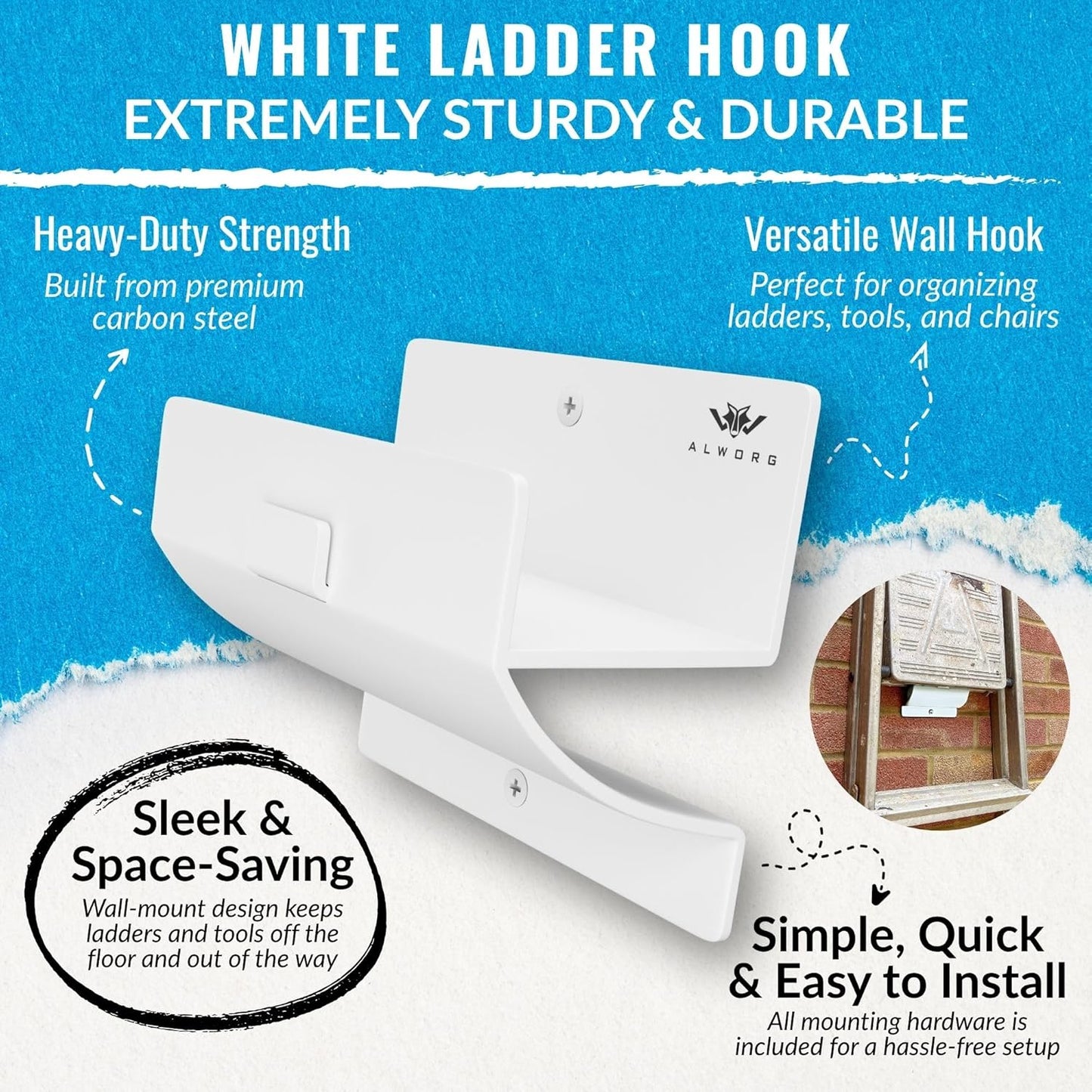 White Ladder Hooks for Garage Wall - Step Ladder Holder Wall Mount - Step Stool Garage Wall Hanger