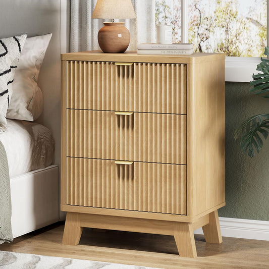 Fluted Nightstand with 3 Storage Drawers, 24" Wide Wood Bedside Table with Mental Handle, Mid Century Modern Wooden Side Table Night Stand, Curved End Table for Bedroom, Living Room, Oak
