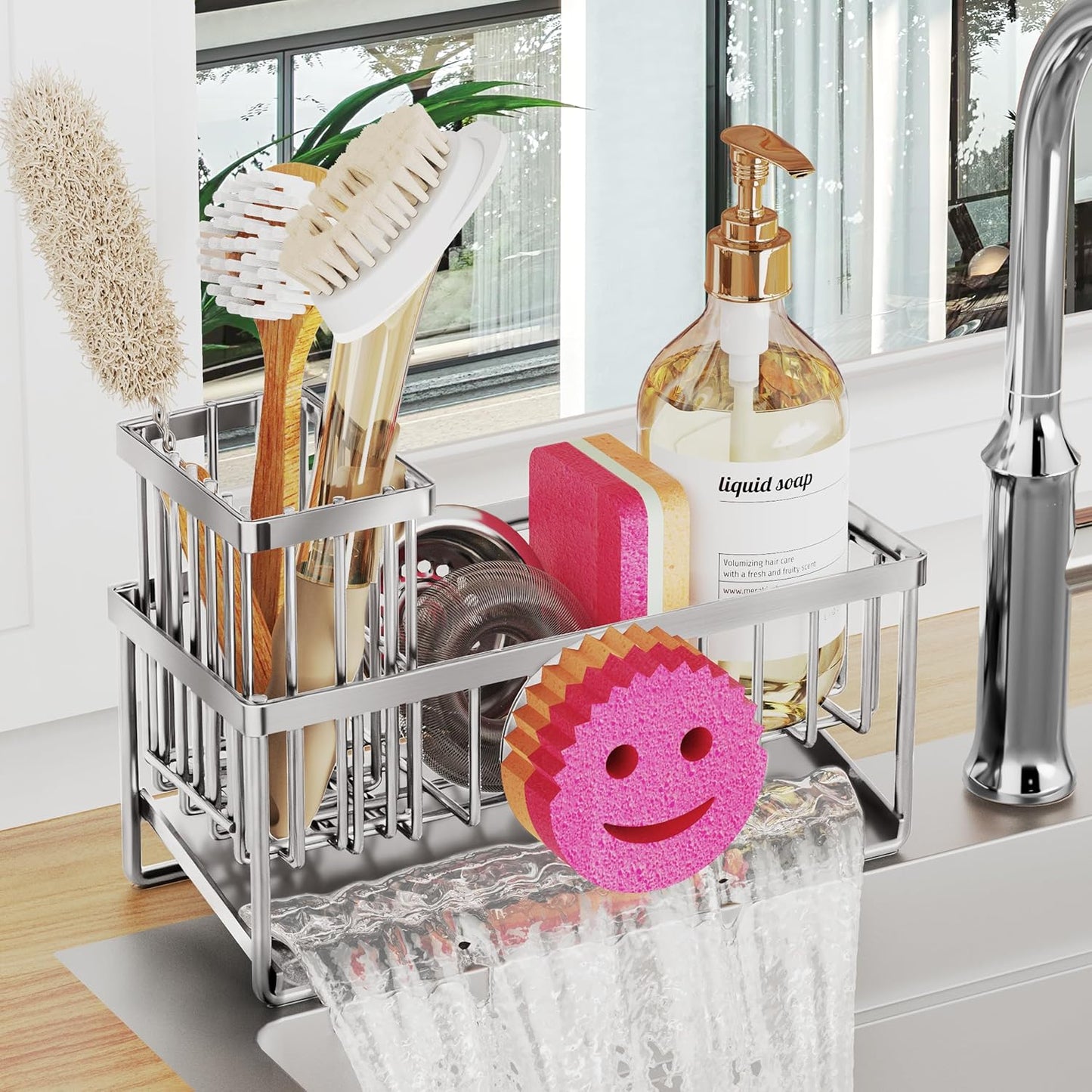 Sponge Holder for Kitchen Sink,Smiley Face Sink Caddy with Removable Brush Holder,Self-Draining Sponge Caddy for Soap,Dish Brush,Scrubber,Kitchen Essentials and Gadgets-Silver