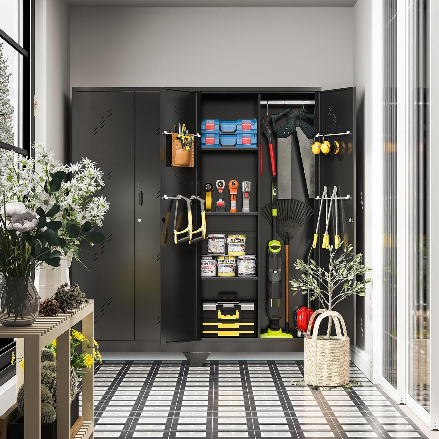 71" Metal Tools Storage Cabinet with Doors and Shelves, Outdoor Storage Sheds with Lock, Black Cleaning Supplies Organization Cabinet with Hanging Rod for Garage, Outdoor,