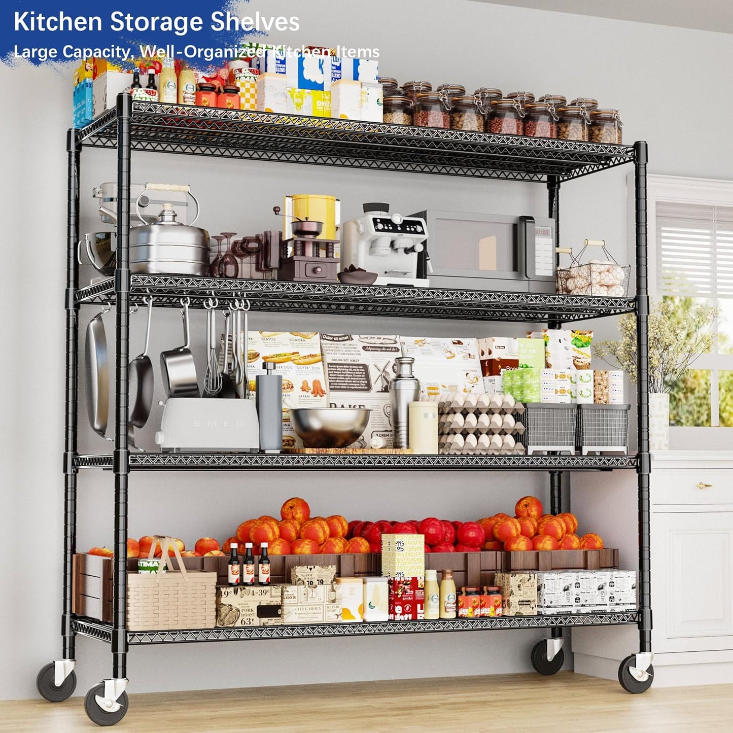 Heavy Duty Shelving, 76.2" H Garage Shelving Unit with Wheels, 4-Tier Garage Storage Shelves Metal Shelves Rack, Adjustable Industrial Shelving for Warehouse Storage, 60" W x 24" D x 76.2" H, Black