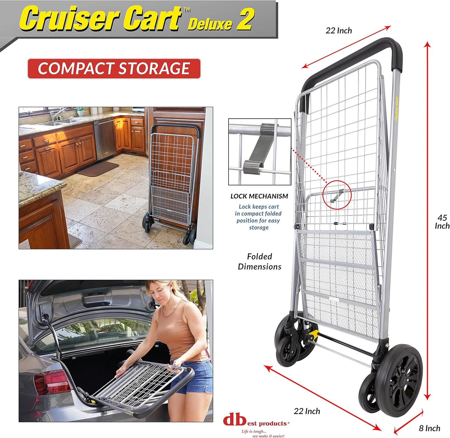 dbest Products Cruiser Cart Deluxe 2 Germ Guard Bundle Shopping Handle Grocery Rolling Folding Laundry Basket on Wheels Foldable Utility Trolley Compact Lightweight Collapsible