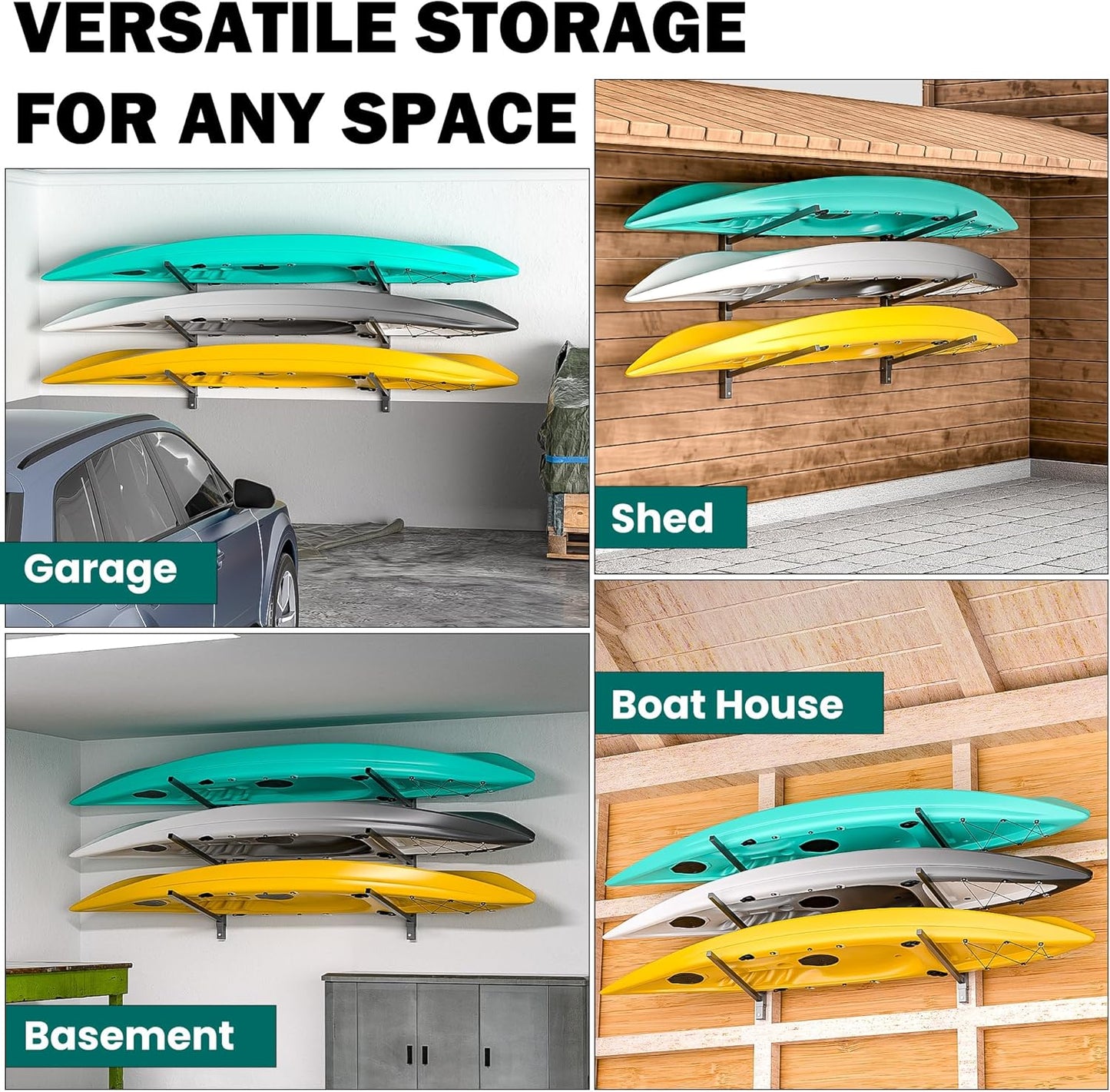 EVERHANGER Wall Mounted Kayak Storage Rack, Adjustable Kayak Holder, Heavy Duty Canoe Rack, Indoor & Outdoor Use