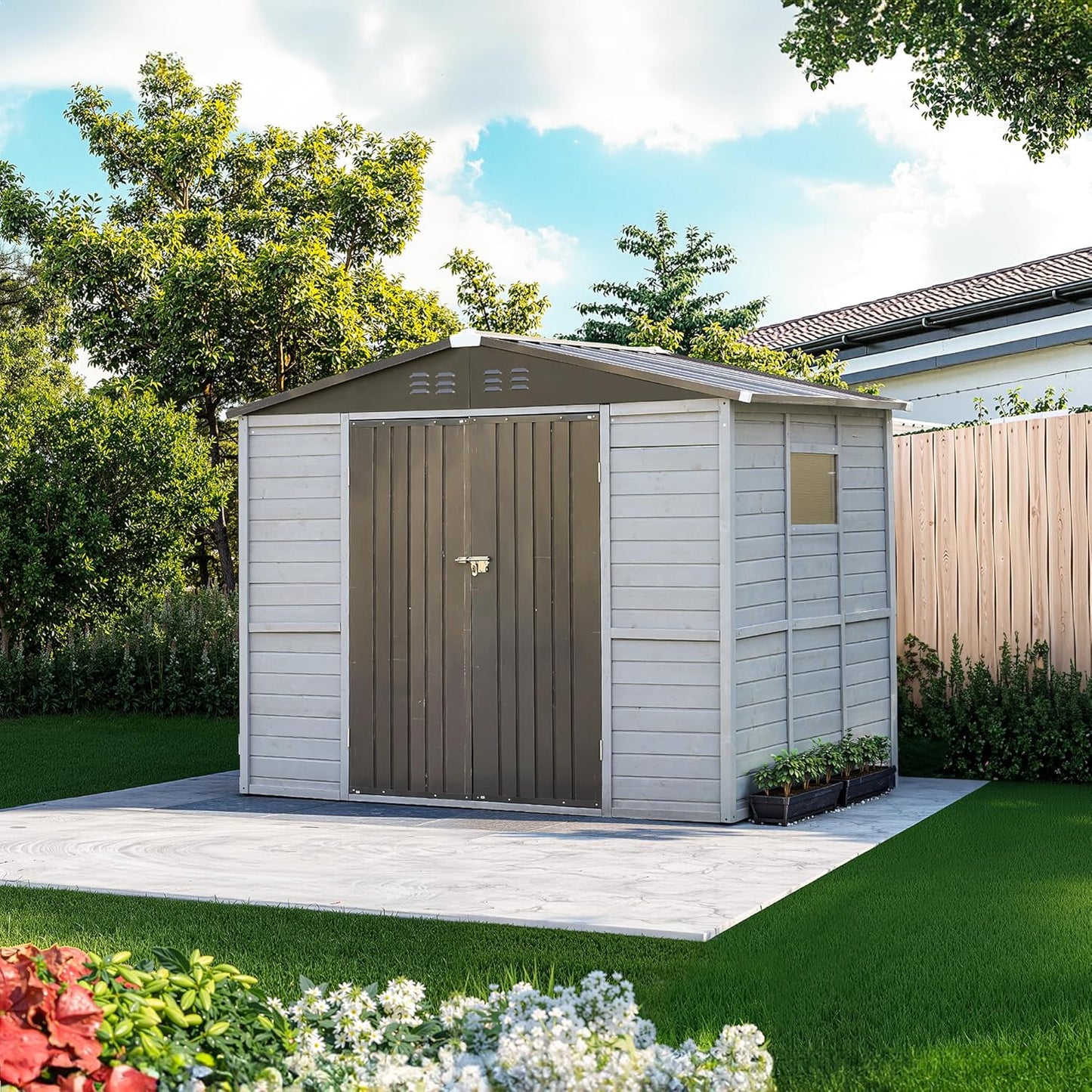 6x4 FT Outdoor Weatherproof Storage Shed, Secure Wood Bike Shed w/Lockable Entry, Garden Storage Solution for Lawn Equipment, Tools, Waste Bin(Gray)