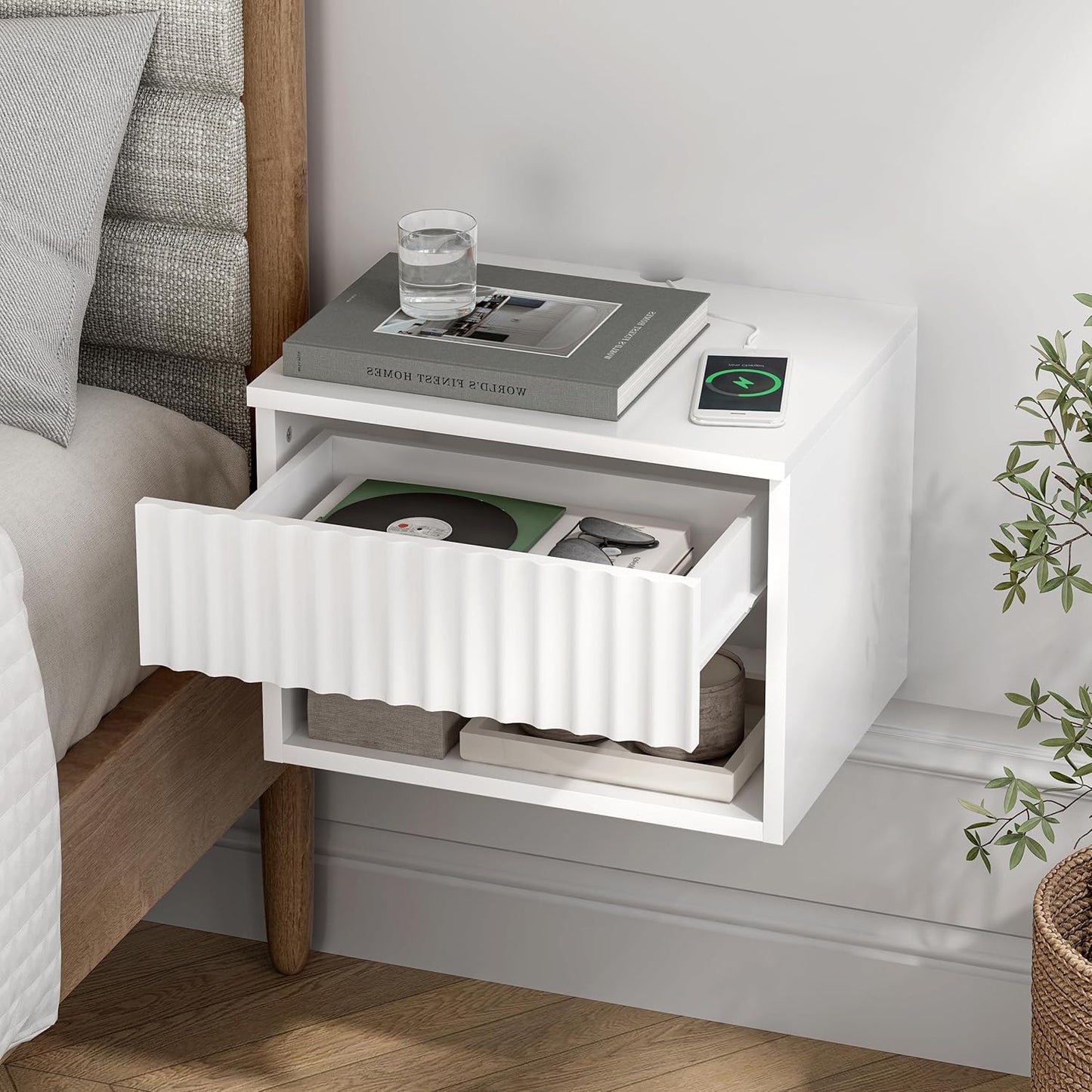 Floating TV Stands Set of 4 with Drawer and Open Shelf, Small Wall Mounted Bedside End Table, Modern Fluted Night Stand for Bedroom, Living Room, White