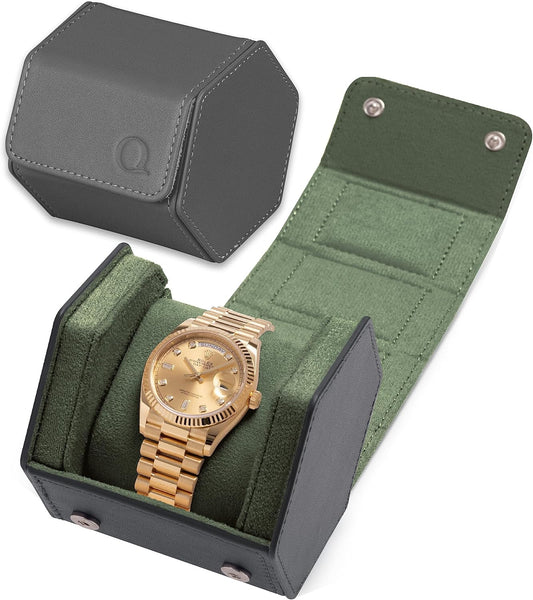 QWATCHBANDS Leather Watch Cases for Men - Hexagon Single & Double Watch Roll Travel Case - Genuine Napa Leather with Velvet Interior - Storage & Display Holder 1 or 2 Watches