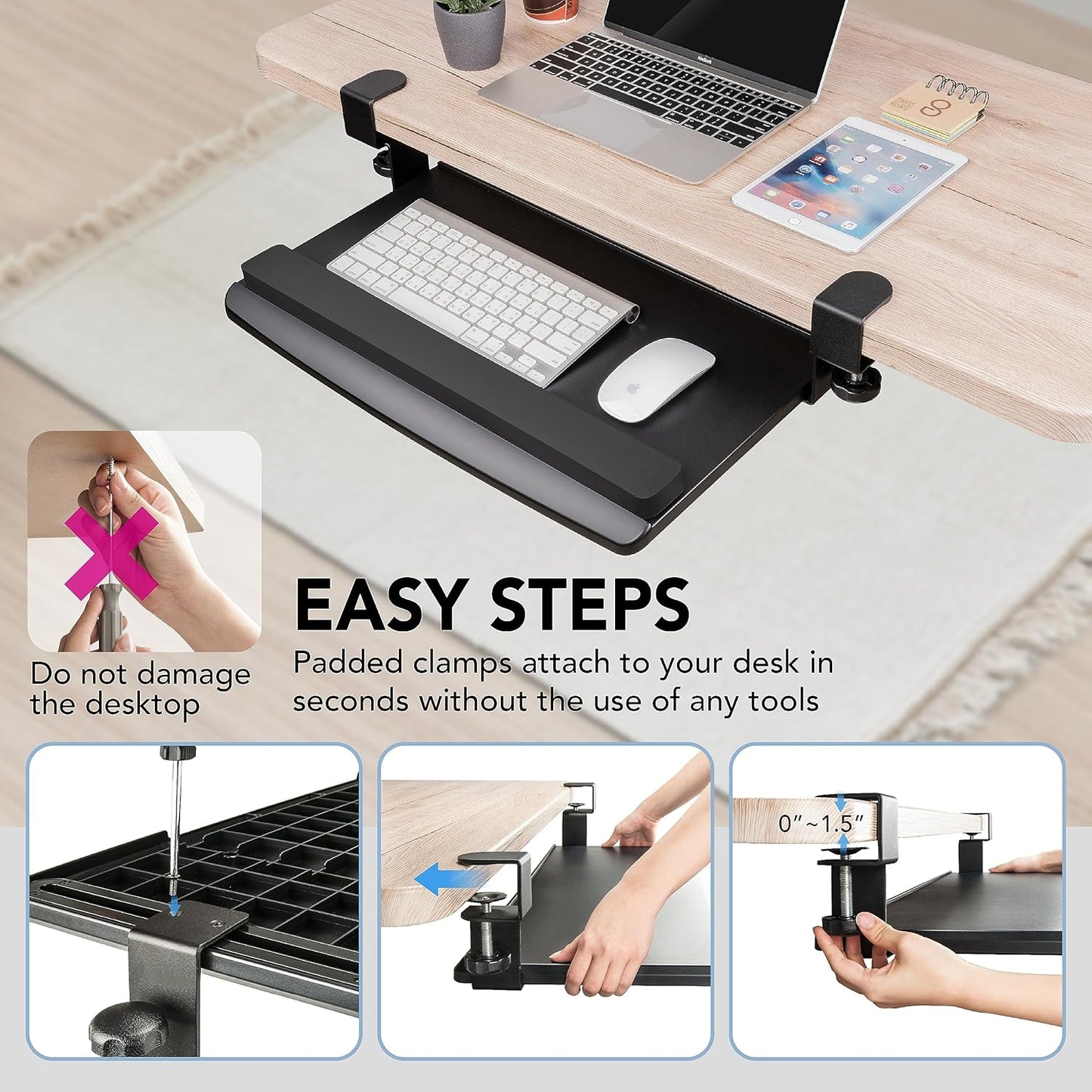 EHO Clamp-On Retractable Adjustable Keyboard Tray, Under Desk Ergonomic Keyboard Tray - Easy Tool-Free Install - Small with Wrist Rest 20" (24.8" Including Clamps) x 11.5" for Enhanced Typing Comfort