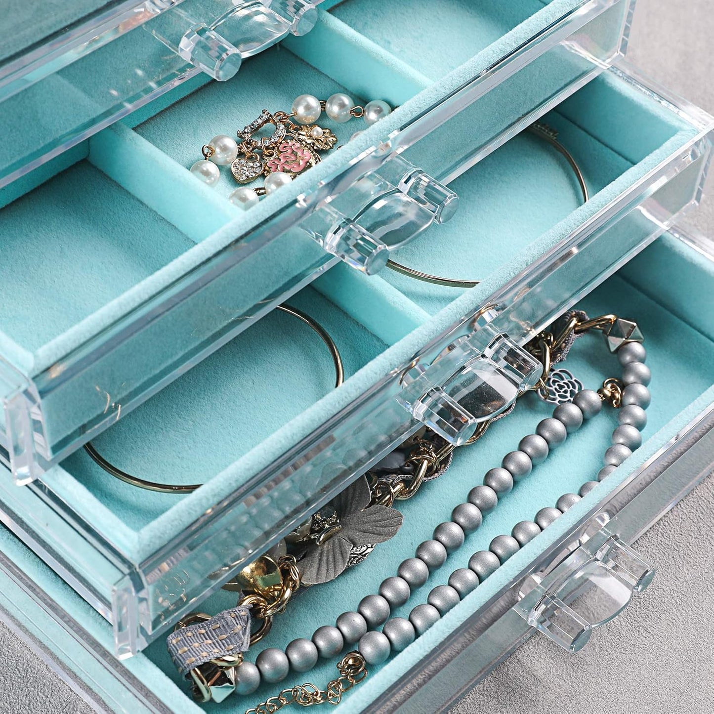 Frebeauty Extra Large Acrylic Jewelry Box for Women 5 Layers Clear Jewelry Organizer Velvet Earring Box with 5 Drawers Rings Display Case Necklaces Holder Tray for Women Girls (Turquoise)