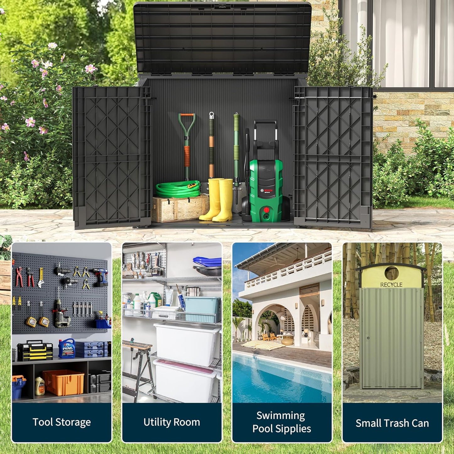 Outdoor Storage Shed 36 Cu. Ft. Resin Garden Horizontal Storage Extra Large Capacity Weather Resistant Storage Box, Lockable Resin Waterproof Shed, Black