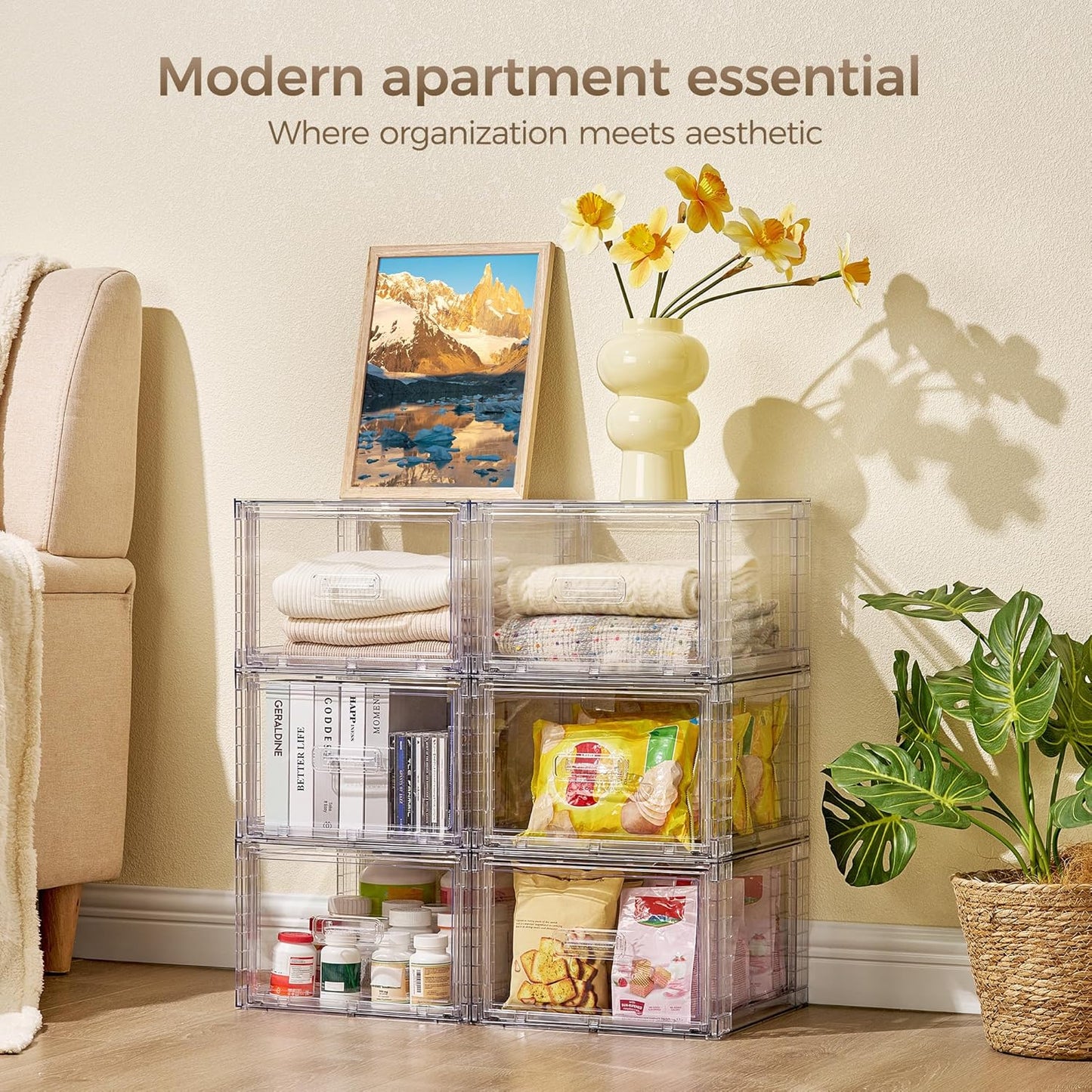 Vtopmart 4 Pack 18QT Clear Stackable Storage Drawers,Easily Assemble Closet Organizers,Plastic Storage Bins for Bathroom,Cabinet,Kitchen Pantry,Under Sink Organization(Medium)