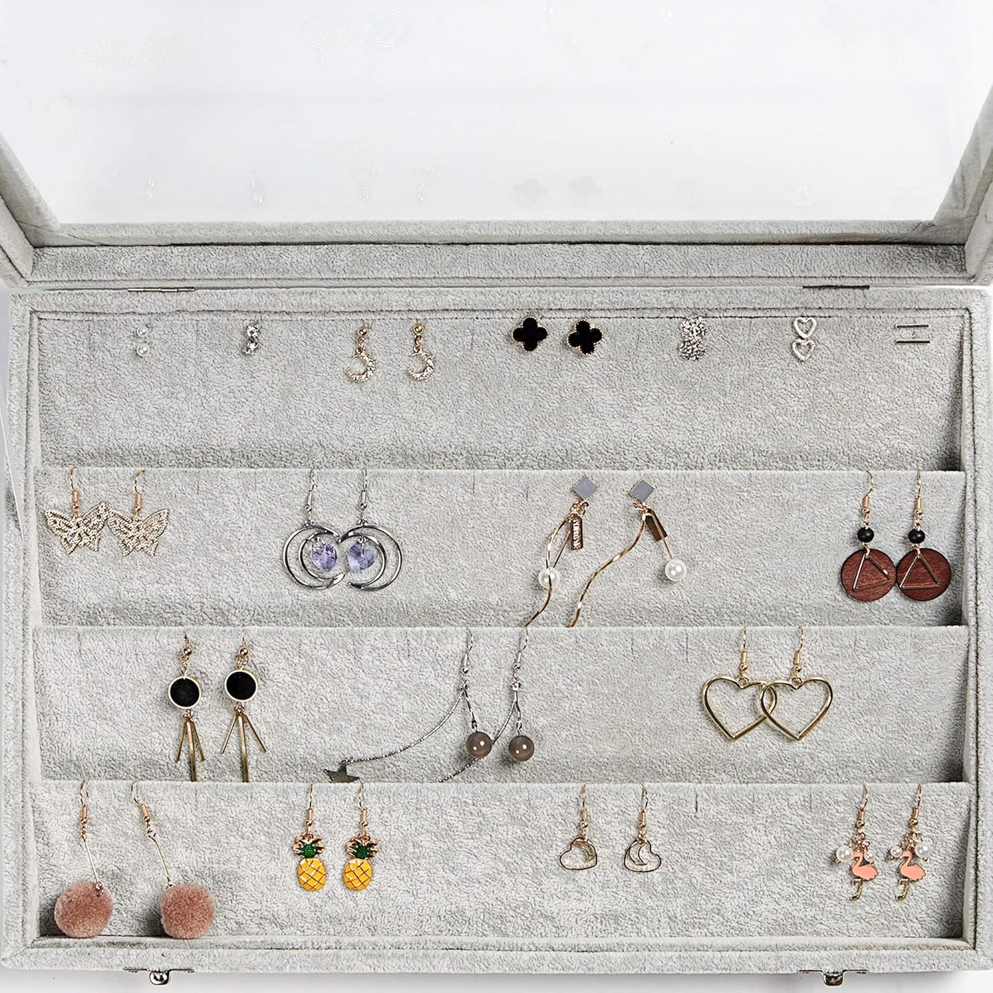 Frebeauty Earring Organizer Tray with Clear Lid 64 Slots Velvet Drawer Insert Earring Storage box with Transparent Glass lid Jewelry Display Case with lock Gifts for Girls Women (Grey, Earrings)