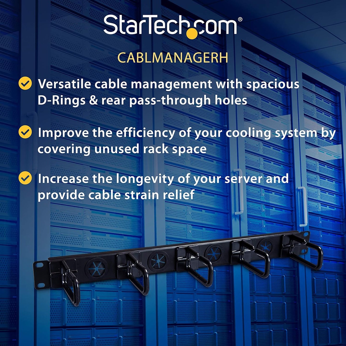 StarTech.com 1U 19" Cable Management Organizer - D Ring Hook Network/Server Rack Cord Manager - Data Center Horizontal Wire Panel with Passthrough Holes w/Mounting HW - EIA/ECA-310-E (CABLMANAGERH)