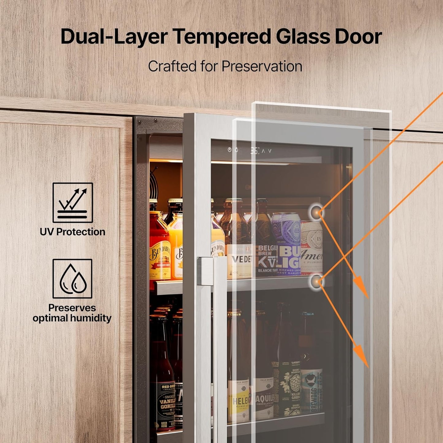 Ca'Lefort 24 Inch Beverage Refrigerator, 238 Cans Tall Beverage Fridge with Glass Door, 40-65°F Drink Fridge with 3 LED for Bar/Kitchen/Office, Freestanding or Built-In Beer Cooler for Beer/Soda/Wine