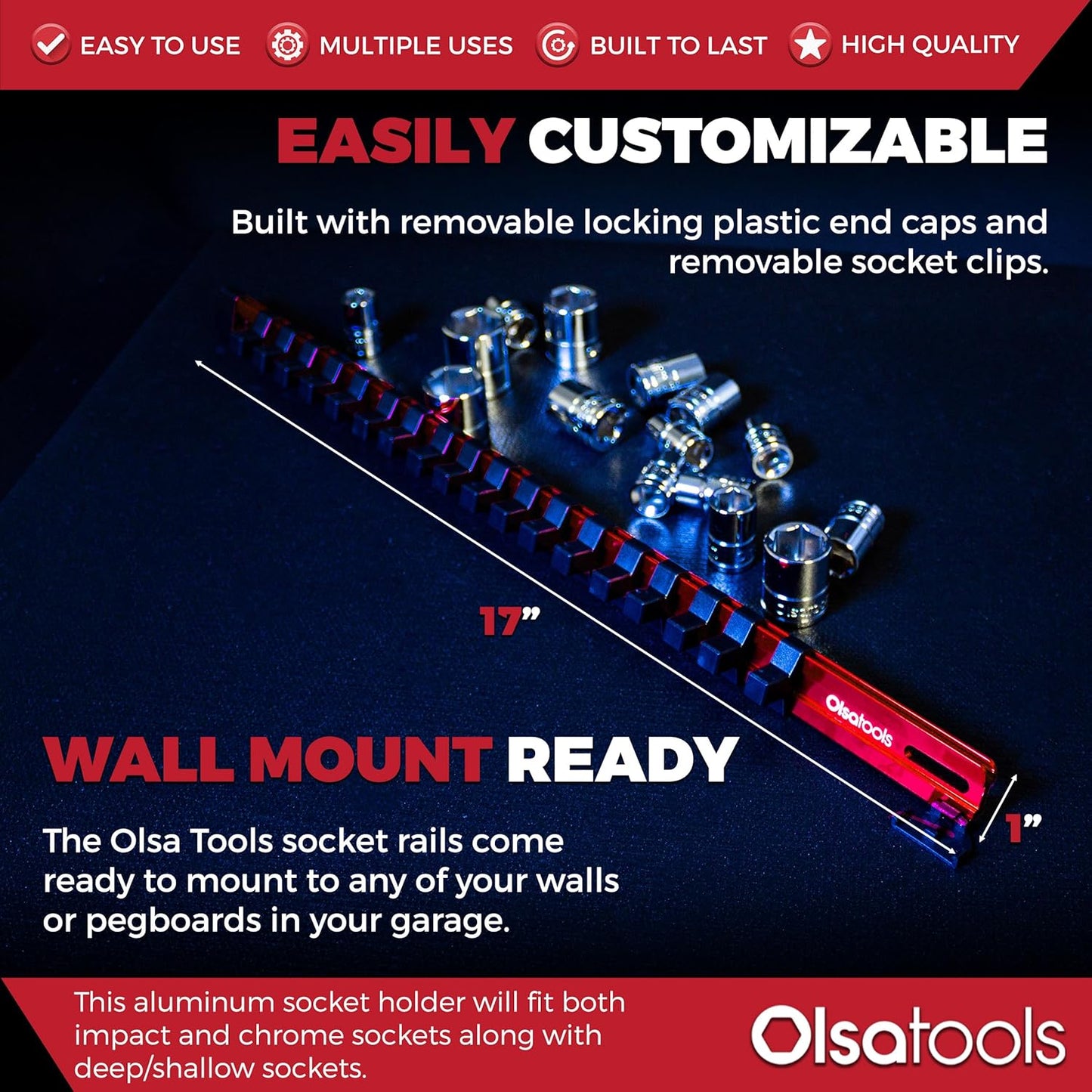 Olsa Tools 3/8-Inch Drive Aluminum Socket Organizer with Locking End Caps | Professional Quality Socket Holder (RED)