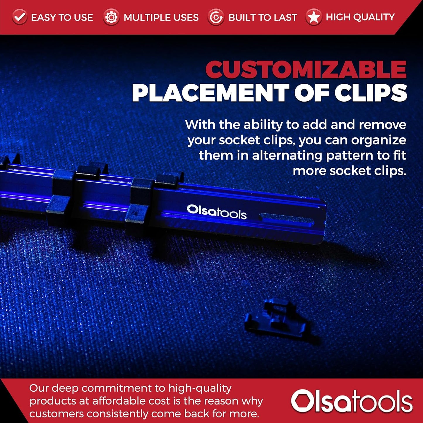Olsa Tools Aluminum Socket Organizer with Locking End Caps - 3/8-Inch Drive - Blue Socket Holder Rails for Chrome or Impact Sockets - Compact and Durable Socket Storage Solution - Part: 1175