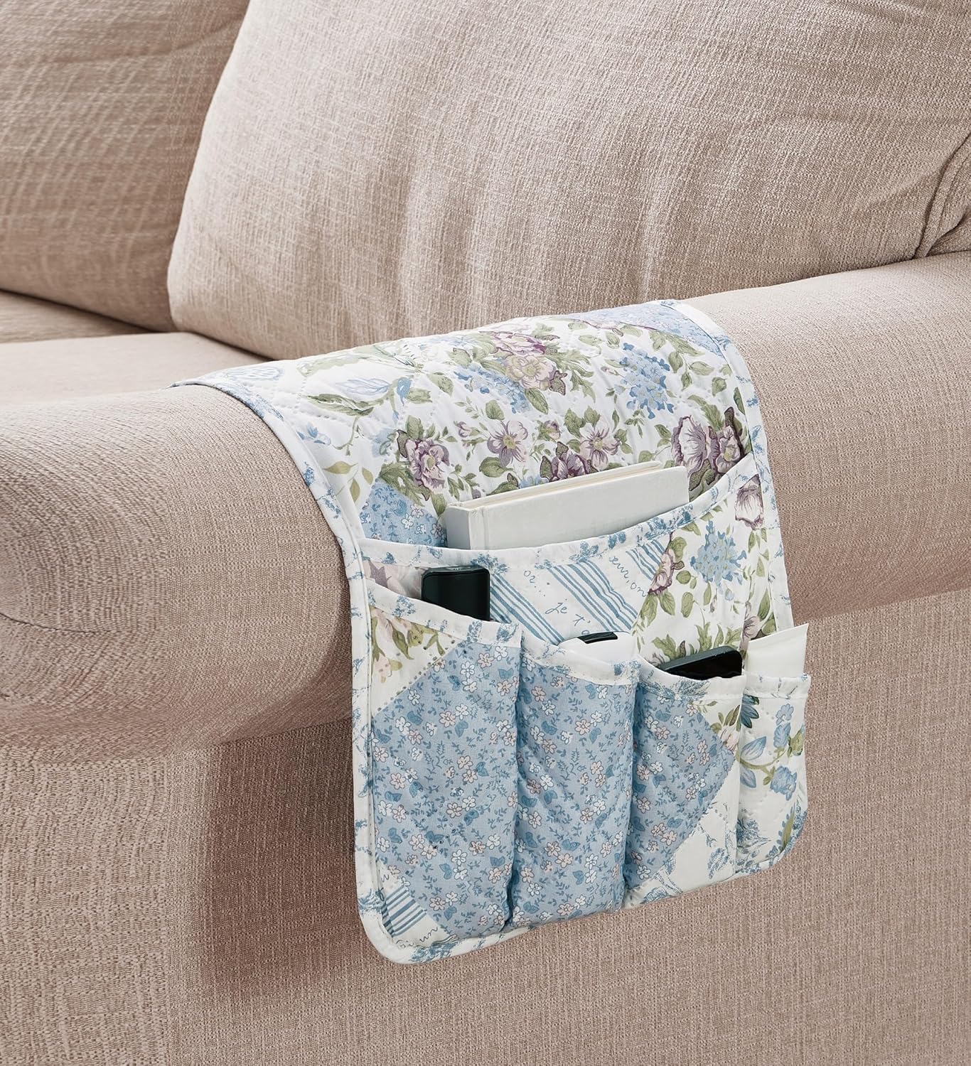 Brilliant Sunshine Blue Rose Patchwork Couch Armrest 5 Pockets Organizer, Slip Resistant Recliner Armchair Caddy, Washable Remote Controls Holder, Storage for Magazine, Tablet, Phone, iPad, Blue Rose