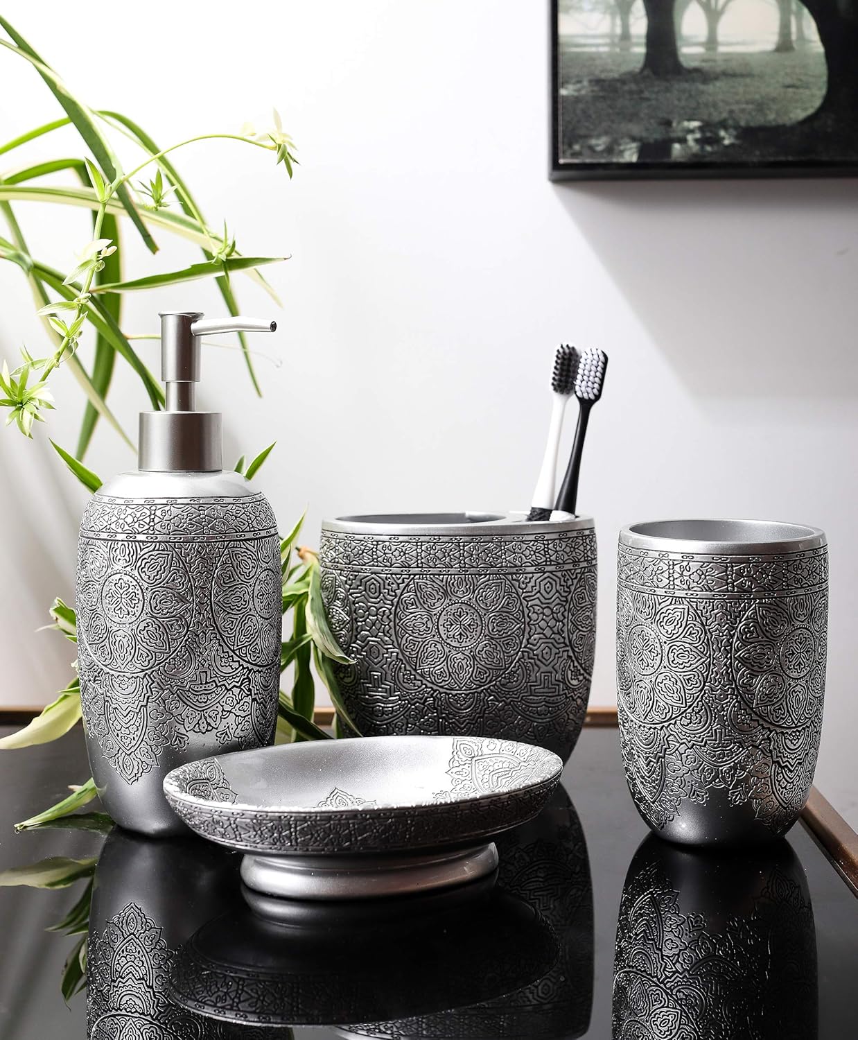 Hymmah Bathroom Accessories Set,Toothbrush Holder,Farmhouse Bathroom Decor,4 Pcs Resin Gift Set Apartment Necessities, Contain Toothbrush Cup,Soap Dispenser,Soap Dish,Tumbler