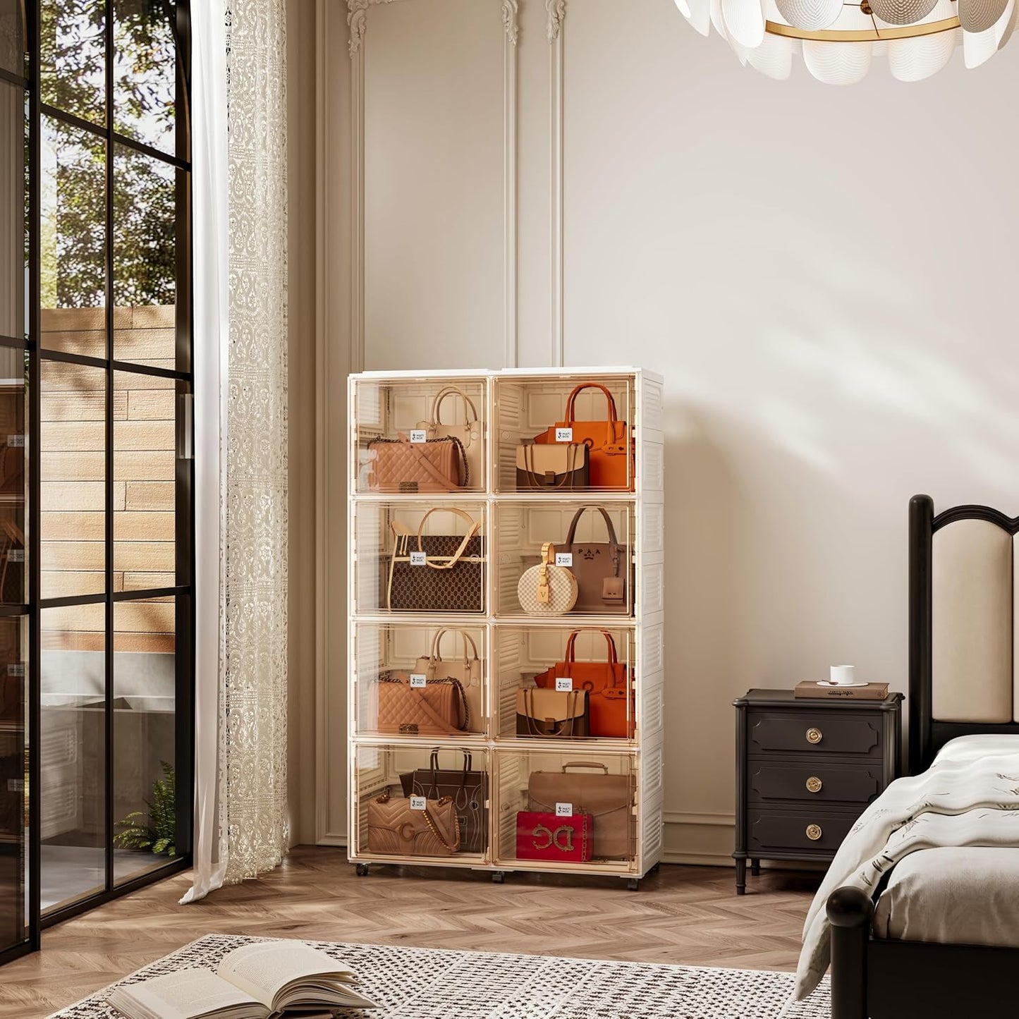 8 Cubbies Handbag Storage Organizer for Closet, Foldable Purse Display Cabinet with Magnetic Doors and Wheels, Fits Shoes&Boots, Books, Toys, and More