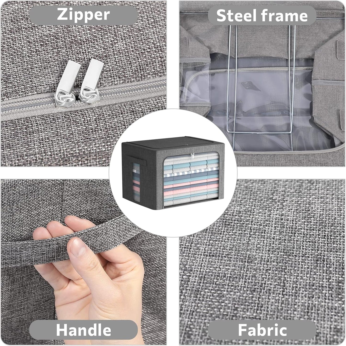 FHSQX Extra Large Clothes Storage Bins Foldable Metal Frame Storage Box Stackable Linen Fabric Box Organizer Set with Carrying Handles and Clear Window -100L (Gray, 23.6x 16.5x 15.7 Inch)