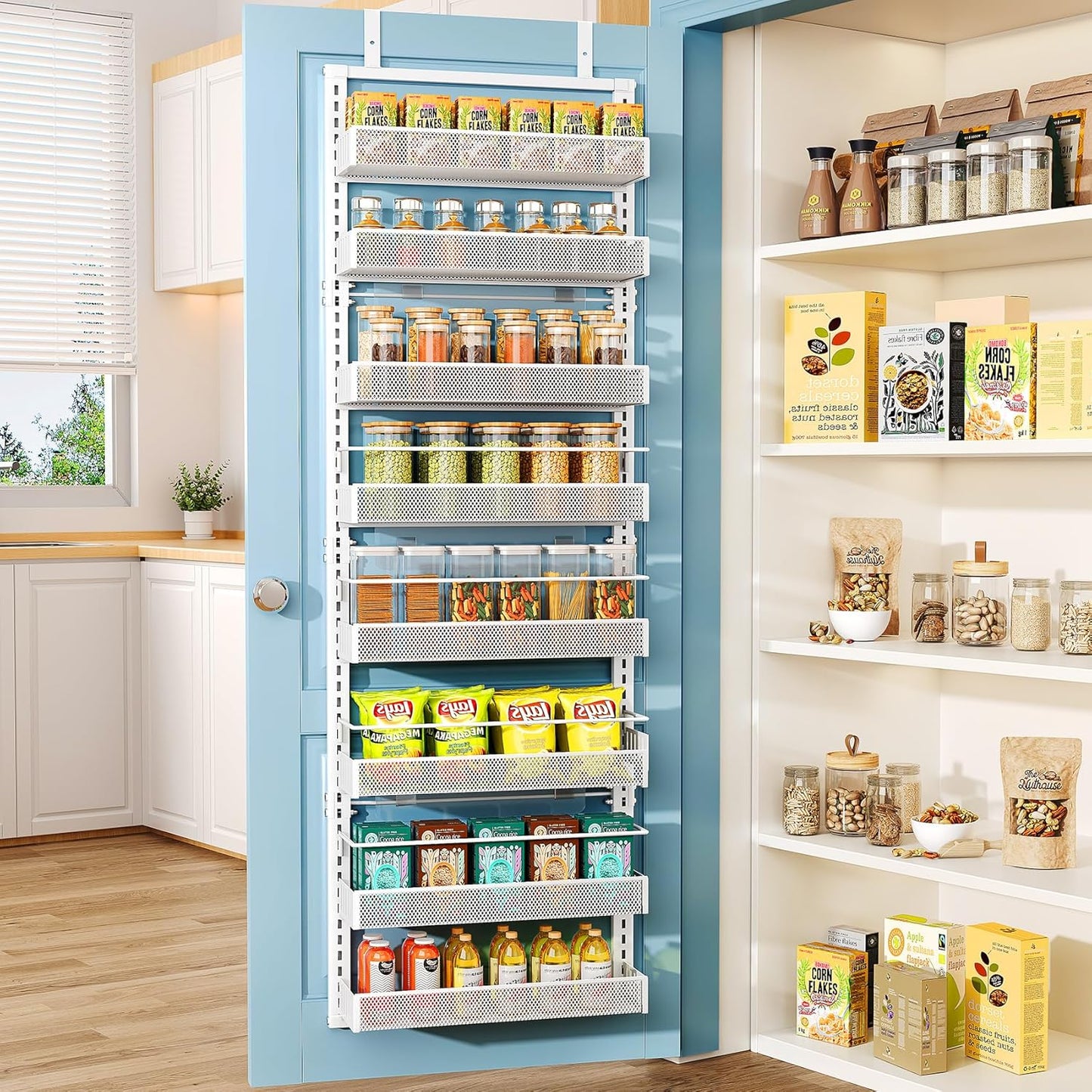 SNTD Over the Door Pantry Organizer - 8 Tier Adjustable Pantry Door Spice Organizer, Large Capacity Hanging Door Spice Rack for Kitchen Pantry Organizers and Storage (White, 17" W x 6" D x 69" H)
