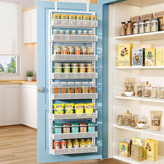 SNTD Over the Door Pantry Organizer - 8 Tier Adjustable Pantry Door Spice Organizer, Large Capacity Hanging Door Spice Rack for Kitchen Pantry Organizers and Storage (White, 17" W x 6" D x 69" H)