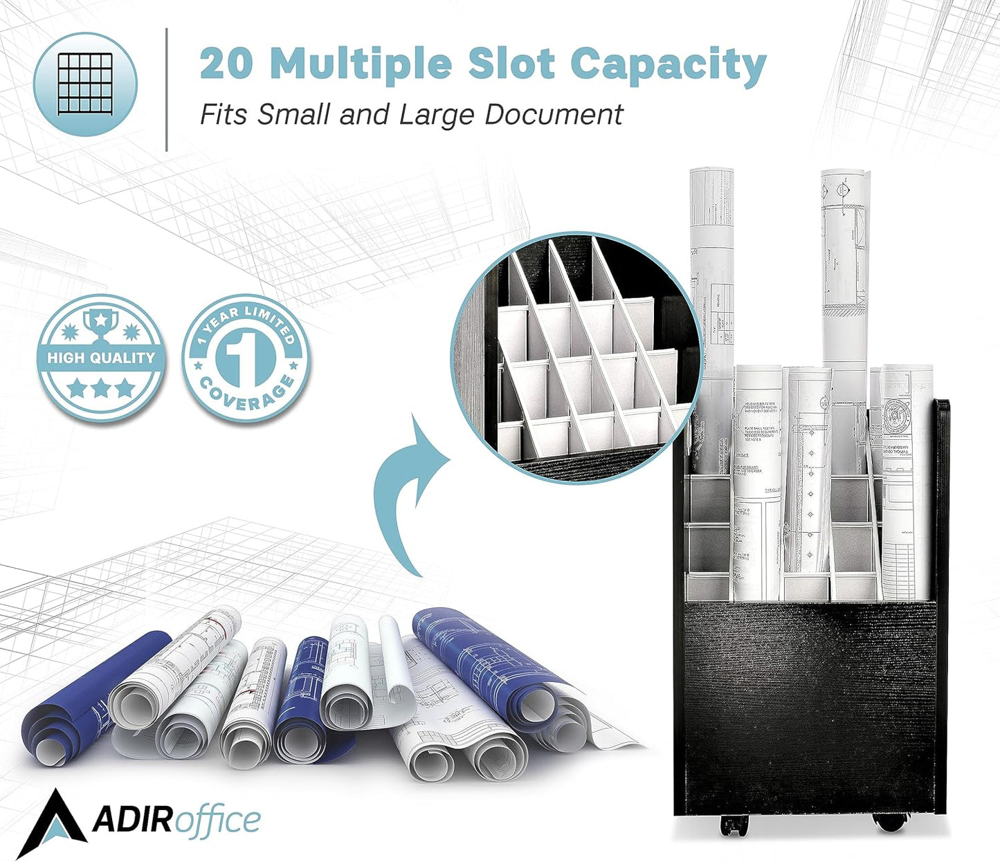 AdirOffice Adir Blue Print Storage Organizer - Mobile Roll File Cart, Construction Plan Holders, Blueprint Cabinet with Wheels, Roll Files Storage for Office and Home (20 Slots, Black)