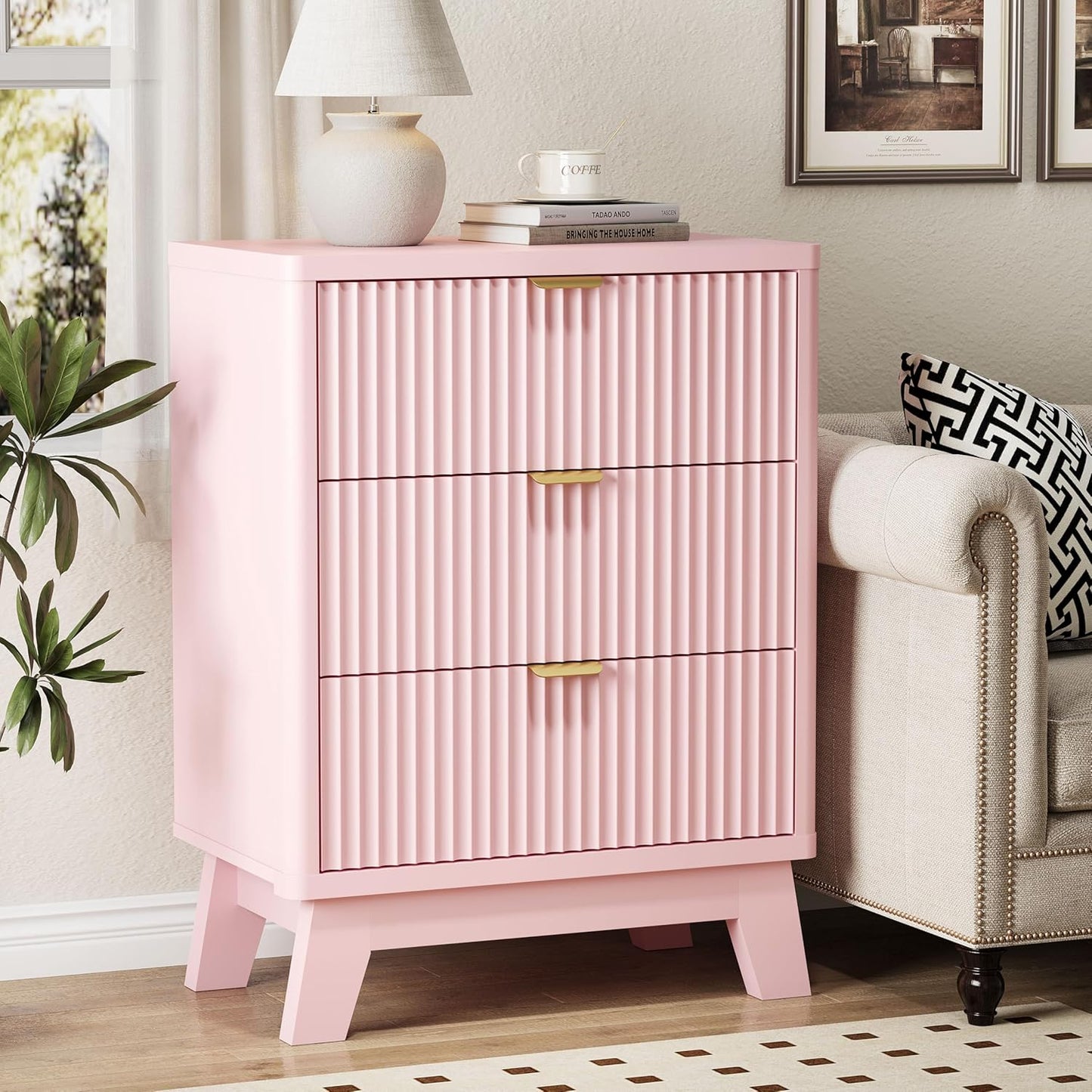 Fluted Nightstand with 3 Storage Drawers, 24" Wide Wood Bedside Table with Mental Handle, Mid Century Modern Wooden Side Table Night Stand, Curved End Table for Bedroom, Living Room, Pink