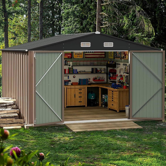 Furniwell 10x10 FT Outdoor Storage Shed, Metal Garden Sheds Outdoor Storage House with Single Lockable Door for Backyard Patio Lawn, Brown