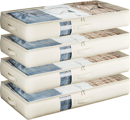 Soft-Sided Foldable Under bed Storage Bags with Window,No Rigid Frame Closet Organizers,Storage Containers for Blankets, Clothing, Comforter, Collapsible Fabric Design,4 Pack, White Ivory