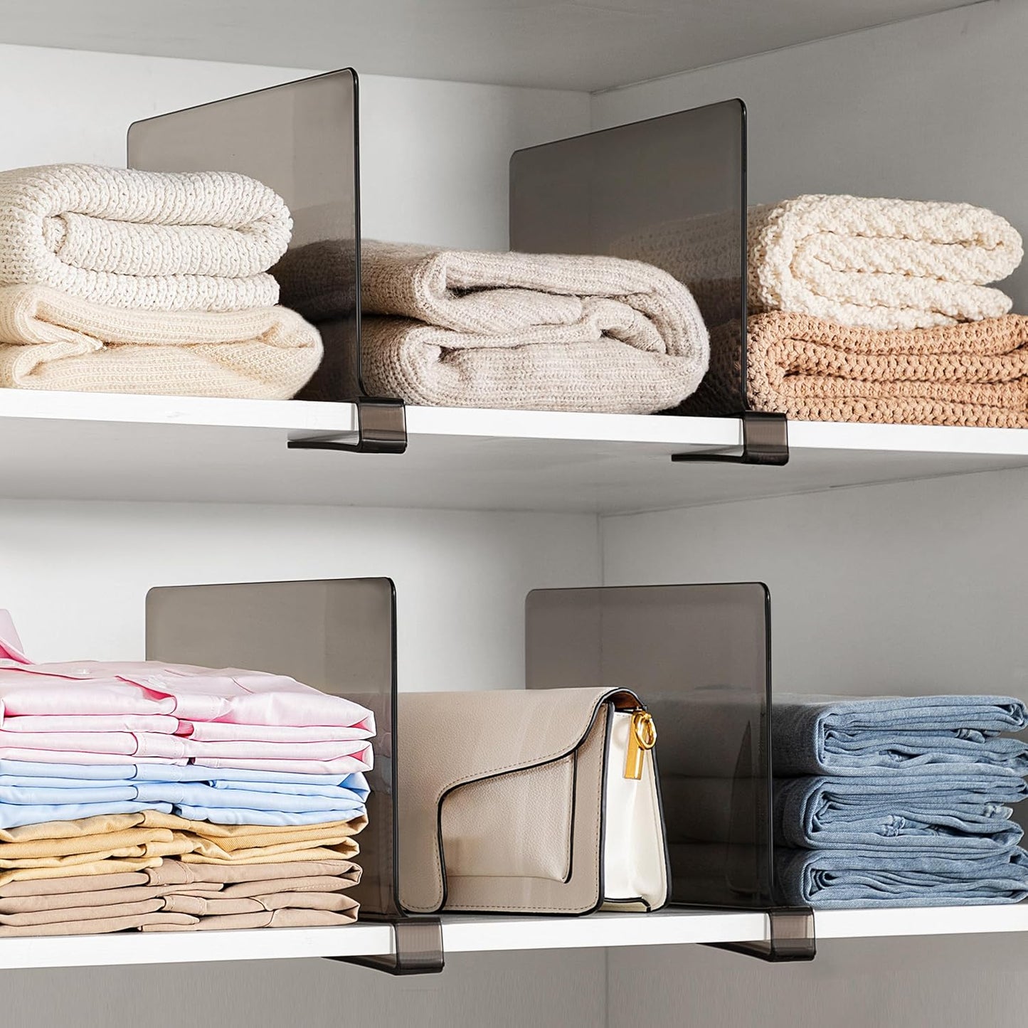 HBlife 8 Pack Grey Shelf Dividers, Vertical Purse Organizer for Closet Perfect for Sweater, Shirts, Handbags in Bedroom and Kitchen, Adjustable Acrylic Bookshelf for Organization